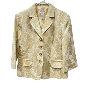 Jaclyn Smith Cream Blazer Suit Top Gold Metallic Floral Womens Size 16